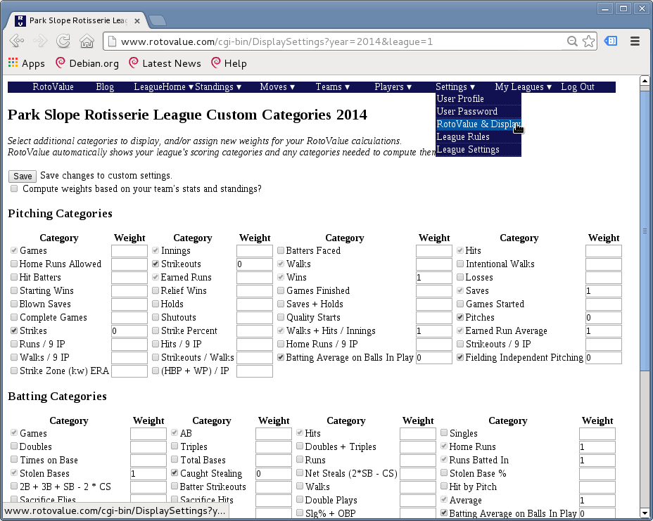 RotoValue Analyst customers can choose their own categories, and weights.